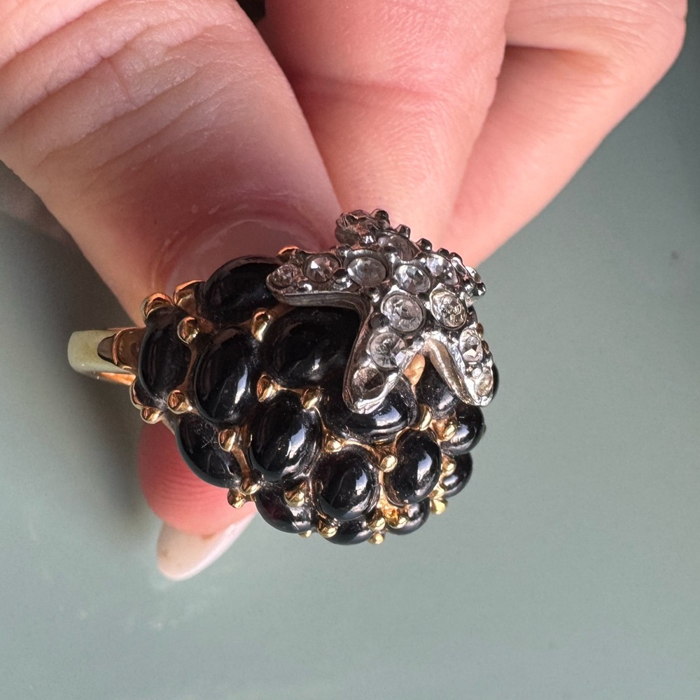 Kenneth Jay Lane vintage gold tone with crystals and black enamel ring